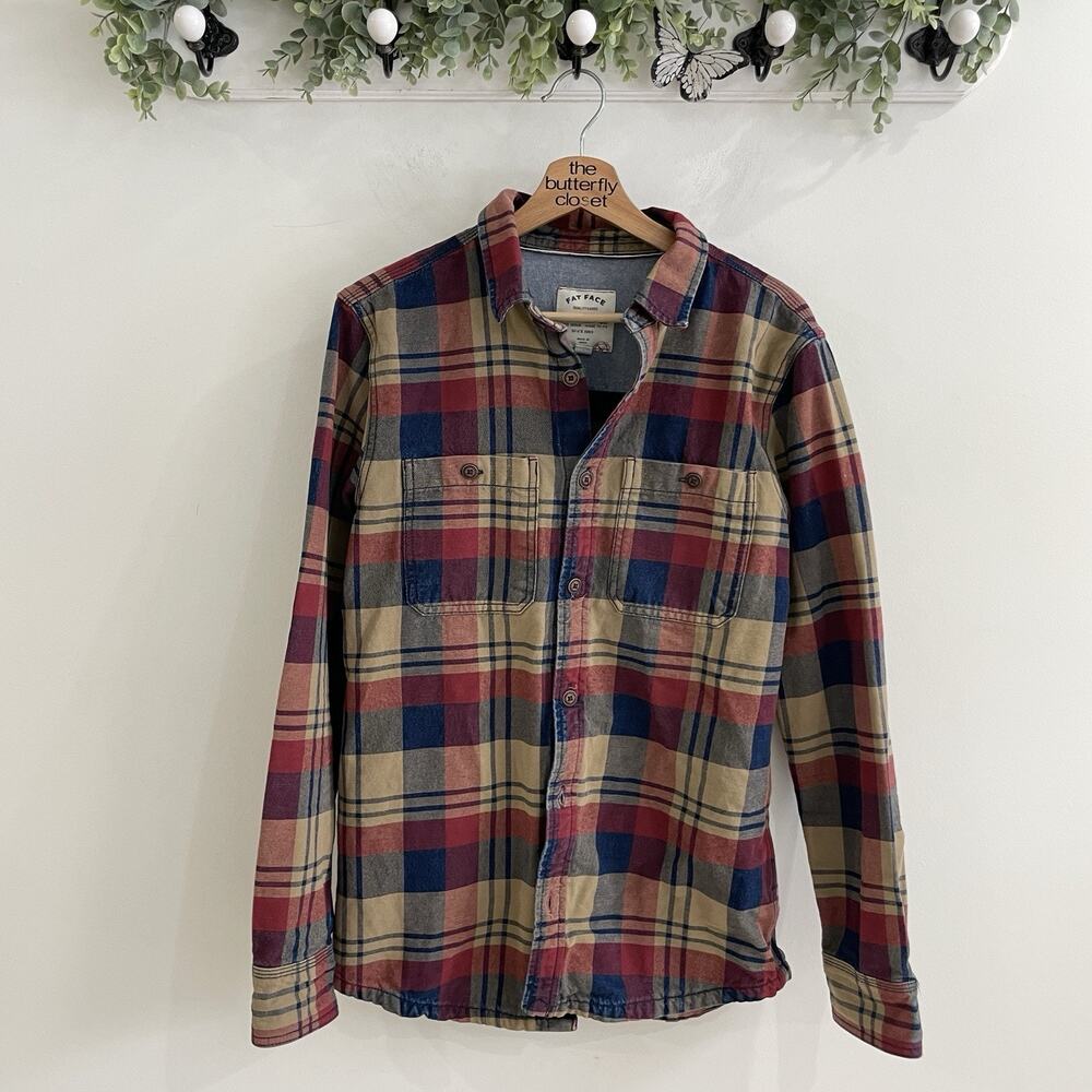 Fat face Tan Blue And Red Plaid Long Sleeve Collared Flannel Size S FF-4790 2